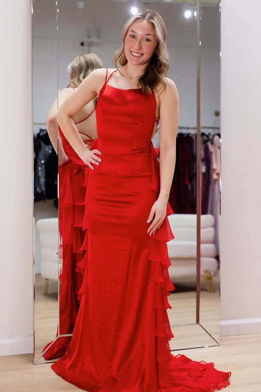 HE121-Vestido de fiesta rojo de gasa con volantes, largo, tirantes finos, formal, sexy, sin espalda, para mujer