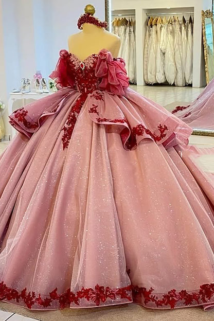 Vestidos de quinceañera con hombros descubiertos, tul princesa, apliques, vestidos de quinceañera HE530