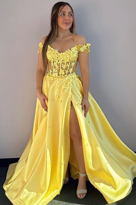 HE347-Off Shoulder Satin 3d Flowers Prom Dresses Long with Slit A Line Evening Gowns Corset Party Dreses for Women