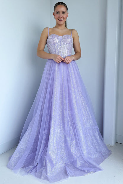 HE193-Women's Glittery Tulle Prom Dresses Long Sequin Beaded Corset Formal Gowns Sweetheart Evening Party Dresses
