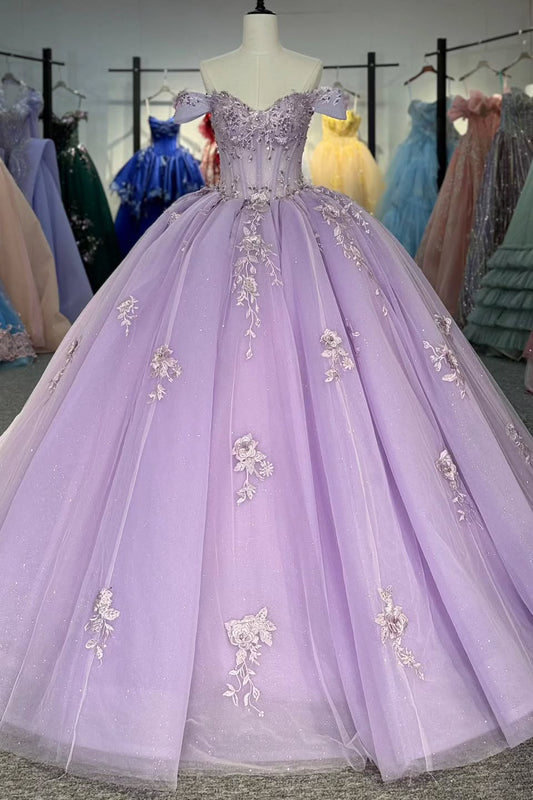 HE383-Lilac Off Shoulder Quinceanera Dresses Ball Gown Princess Tulle Appliques Prom Party Dresses for Sweet 16