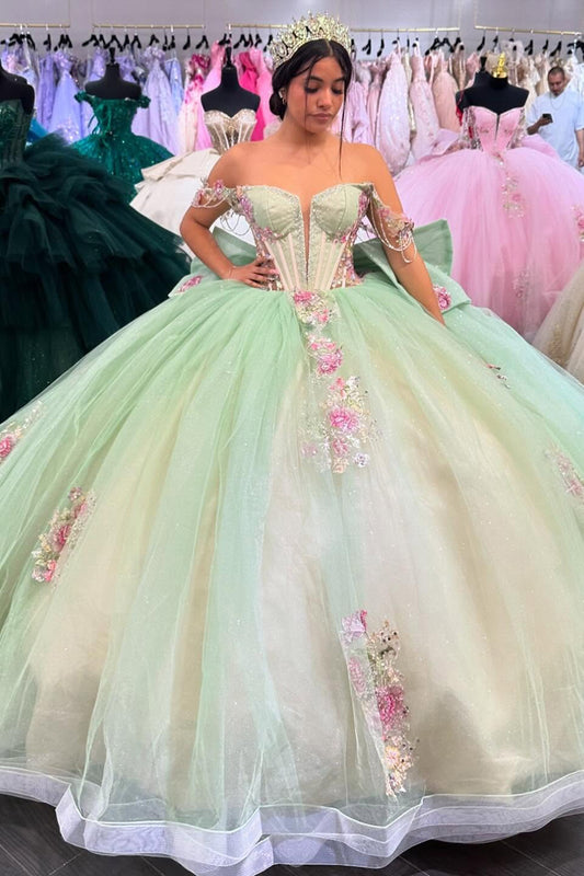 Princess Ball Gown Tulle Appliqued Beaded Quinceanera Dresses with Bow HE677