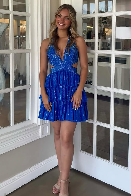 Glittery Sequin A Line V Neck Ruffles Homecoming Dresses for Juniors HE718
