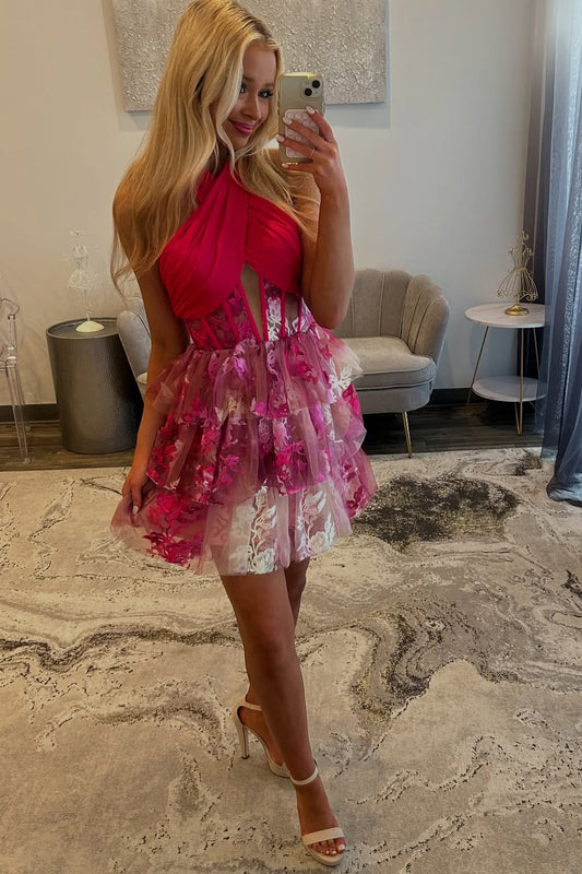 Vestidos de fiesta de cóctel con cuello halter y estampado floral, corte A, HE480