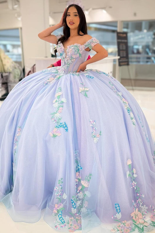 HE313-Princess Ball Gown Quinceanera Dresses Tulle Lace Appliques Sweet 16 Gowns Off Shoulder Birthday Party Dresses