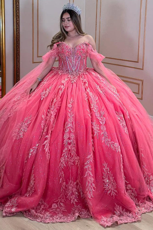 HE375-Princess Ball Gown Sweet 16 Quinceanera Dresses Off Shoulder Tulle Appliques Birthday Party Gowns