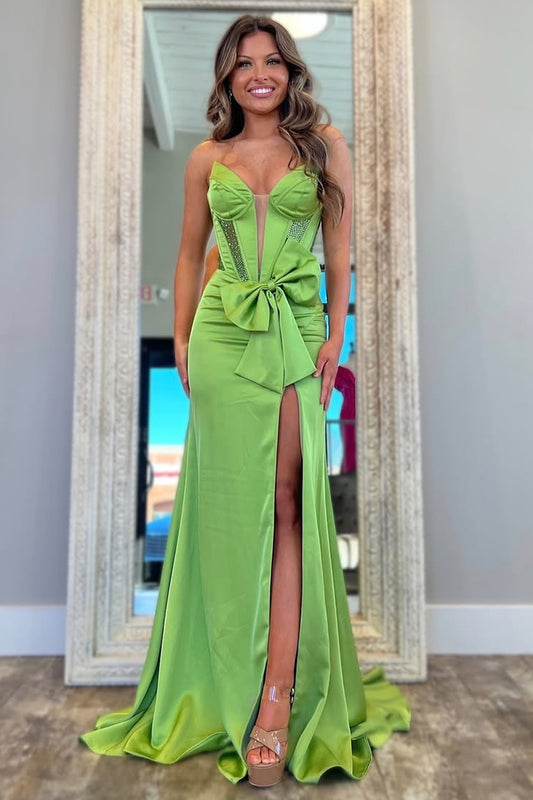 Women's Green Prom Dresses Long Satin Beaded Sweetheart Formal Gowns with Slit HE126