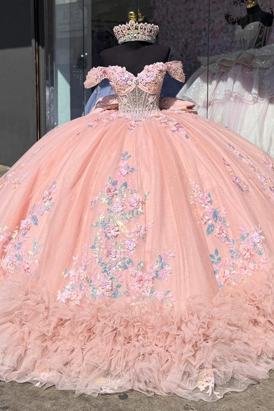 Vestidos de quinceañera con hombros descubiertos, tul princesa, apliques, vestidos de quinceañera HE530