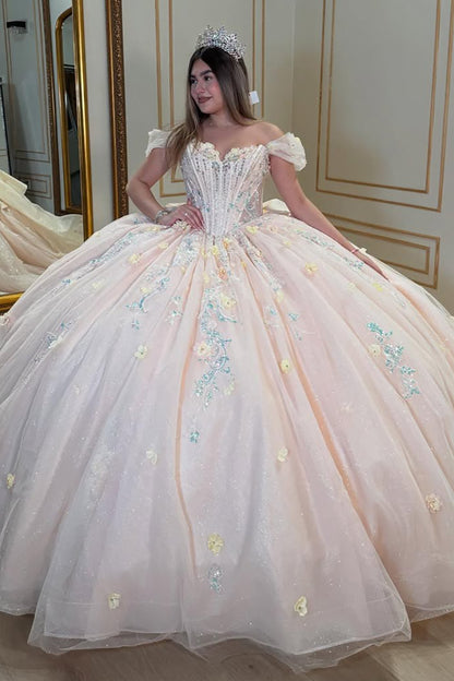 Vestidos de quinceañera con hombros descubiertos, tul princesa, apliques, vestidos de quinceañera HE530