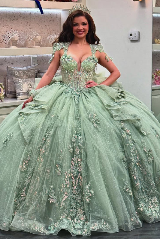 HE317-Princess Ball Gown Quinceanera Dresses Green Tulle Ruffles Lace Prom Party Dresses Sweetheart Birthday Gowns for Sweet 16