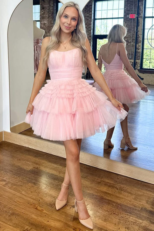 A Line Tulle Ruffles Knee Length Homecoming Dresses with Spaghetti Straps HE579