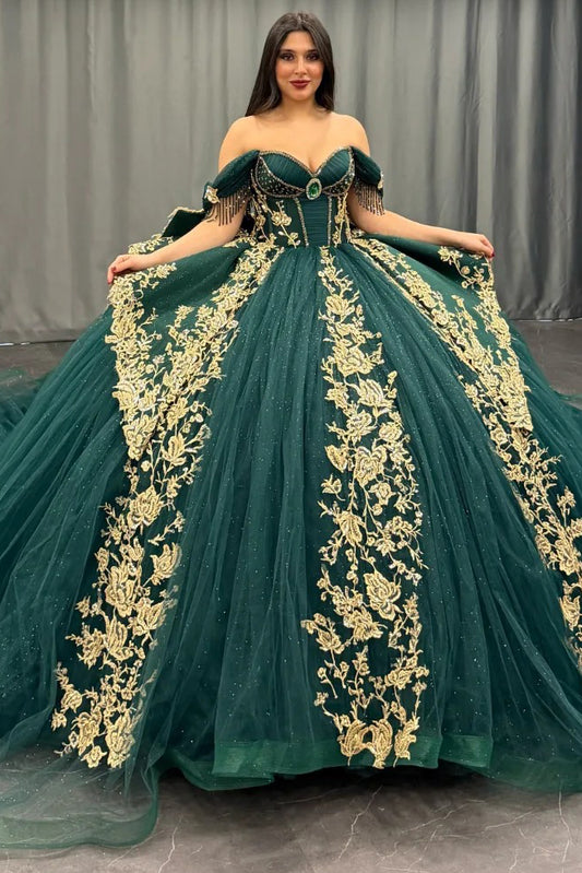 Emerald Green Quinceanera Dresses Tulle Lace Appliques Sweet 16 Birthday Dresses HE162
