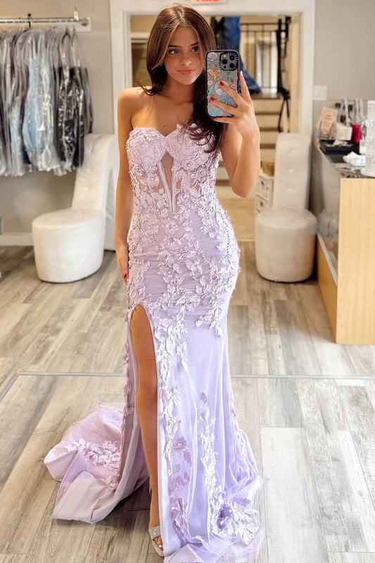 HE253-Sweetheart Tulle Lace Prom Dresses Long Appliqued Evening Party Gowns Mermaid Side Slit Formal Dress for Women