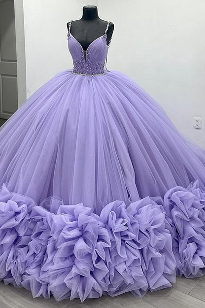 Ball Gown V Neck Quinceanera Dresses Tulle Ruffles Sweet 16 Prom Gowns HE450