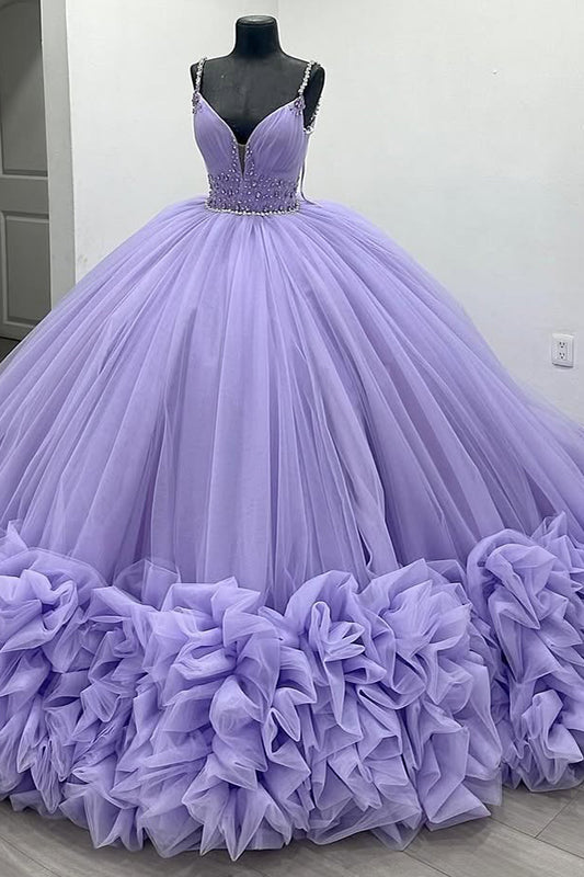 Ball Gown V Neck Quinceanera Dresses Tulle Ruffles Sweet 16 Prom Gowns HE450