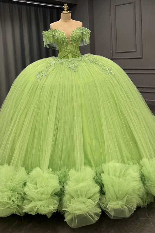 HE169-Hermoso vestido de quinceañera verde con hombros descubiertos, tul con volantes, vestido de fiesta de princesa para fiesta de dulces 16