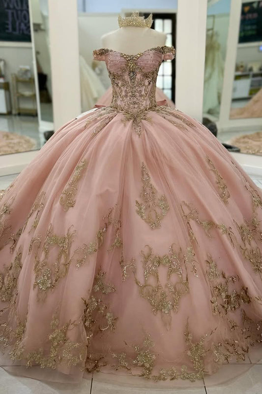 HE326-Ball Gown Gorgeous Quinceanera Dresses Princess Off Shoulder Tulle Lace Beaded Sweet 16 Prom Dresses for Birthday Party