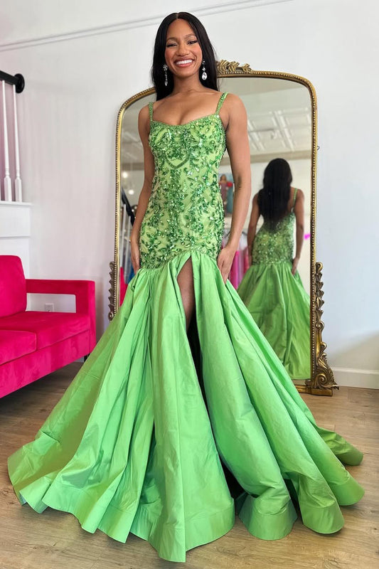 HE180-Mermaid Satin Sequin Beaded Long Prom Dresses with Slit Women's Spaghetti Straps Evening Gowns Plus Size Sleeveless Party Dress
