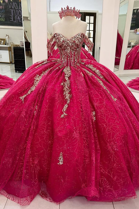 Ball Gown Quinceanera Dresses Glittery Tulle Beaded Sweet 16 Prom Party Gowns HE222