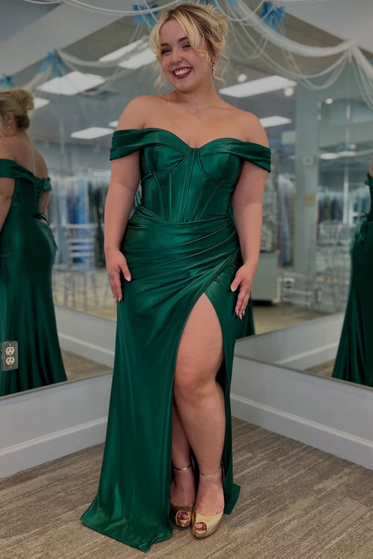 HE204-Plus Size Satin Prom Dresses Long for Women Off Shoulder Mermaid Evening Gowns Side Slit Corset Party Dresses