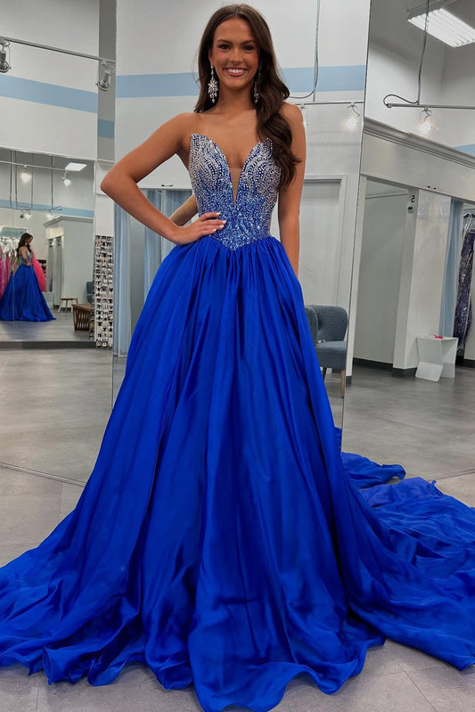HE348-Women's Sweetheart Long Prom Dresses A Line Satin Beaded Corset Evening Party Gowns Plus Size Maxi Dresses