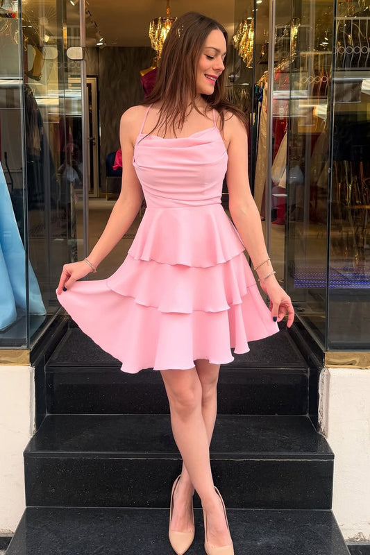 A Line Satin Homecoming Dresses Short Ruffles Cocktail Gowns HE406