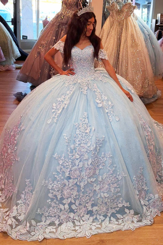 HE316-Sky Blue Princess Quinceanera Dresses Tulle Lace Appliques Party Gowns Off Shoulder Ball Gown Sweet 16 Dresses