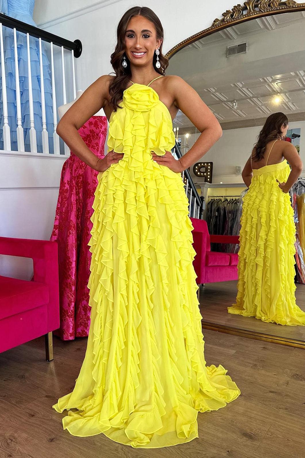 HE182-Yellow A Line Chiffon Ruffles Prom Dresses Long Sleeveless Plus Size Evening Gowns Backless Party Dress for Women