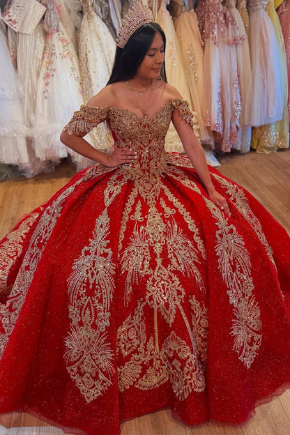 HE380-Off Shoulder Princess Quinceanera Dresses Ball Gown Tulle Appliques Sweet 16 Birthday Prom Party Dress