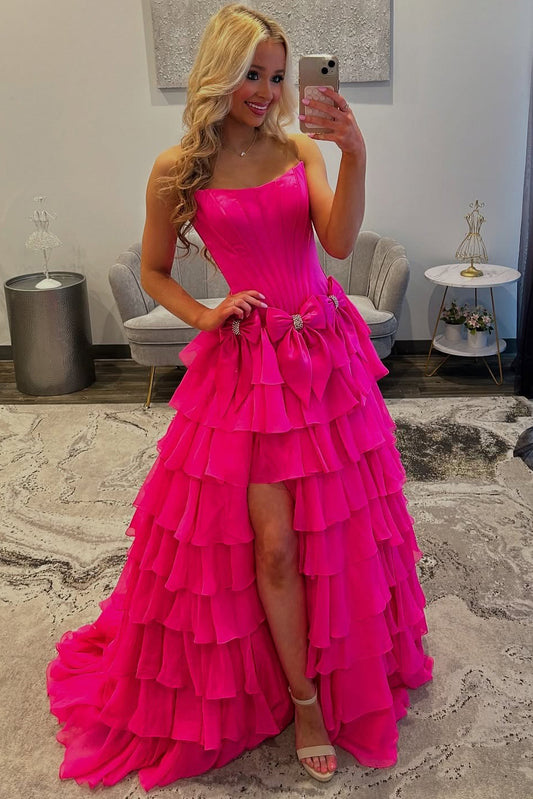 A Line Satin Prom Dresses Long Ruffles Strapless Evening Party Gowns with Slit HE261