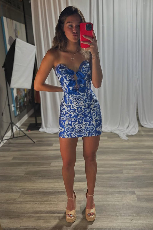 Strapless Sweetheart Knee Length Homecoming Dresses Floral Party Dresses HE490