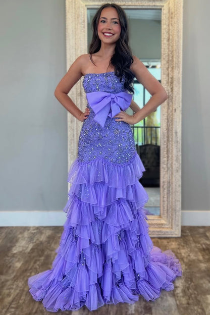 HE258-Women's Mermaid Strapless Long Prom Dresses Tulle Lace Beaded Evening Dresses Sweetheart Party Maxi Dresses with Ruffles
