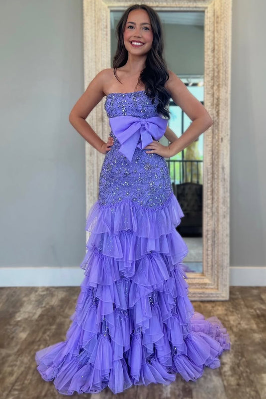 HE258-Women's Mermaid Strapless Long Prom Dresses Tulle Lace Beaded Evening Dresses Sweetheart Party Maxi Dresses with Ruffles