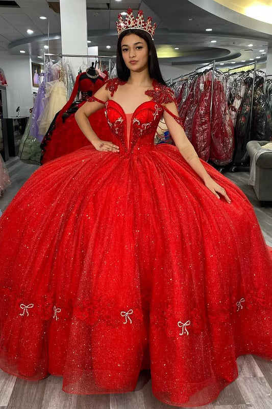 Princess Red Quinceanera Dresses Glittery Tulle Appiqued Prom Gowns HE520