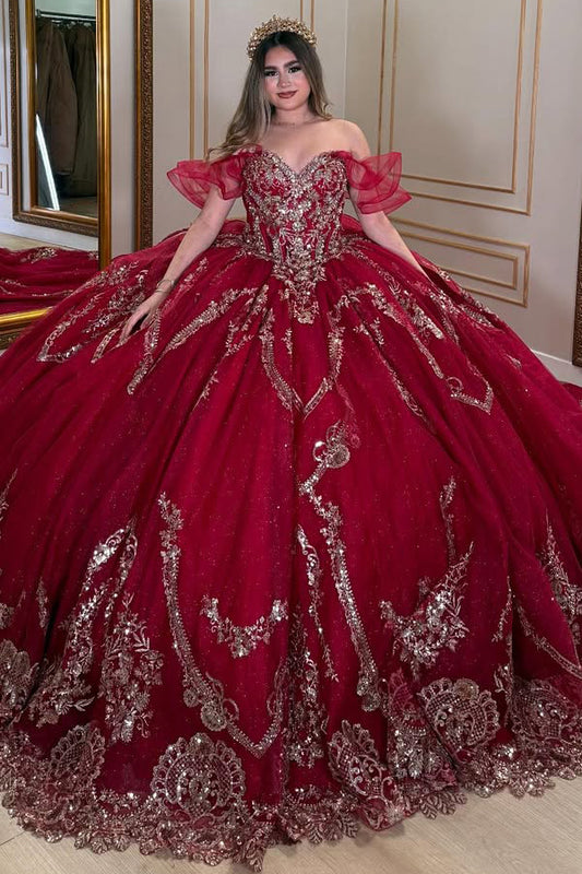 HE333-Gorgeous Ball Gown Quinceanera Dresses Red Off Shoulder Tulle Lace Appliques Birthday Party Dress for Sweet 16