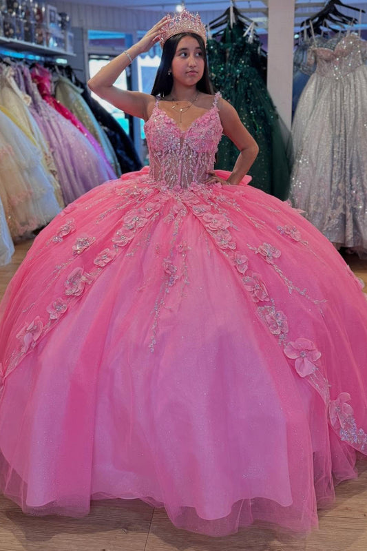 HE314-Hot Pink Princess V Neck Quinceanera Dresses Tulle 3d Flowers Ball Gown Sweet 16 Party Dresses for Birthday