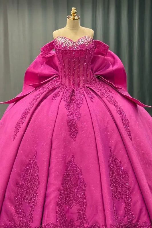 Hermosos vestidos de quinceañera estilo princesa fucsia con escote corazón, encaje y cuentas, vestidos de fiesta HE426