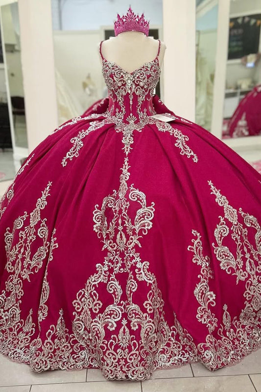 HE213-Vestido de quinceañera estilo princesa con apliques de encaje de tul y escote en V para fiesta de cumpleaños de 16 años