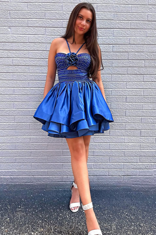 A Line Satin Beaded Homecoming Dresses Halter Neck Cocktail Gowns HE559