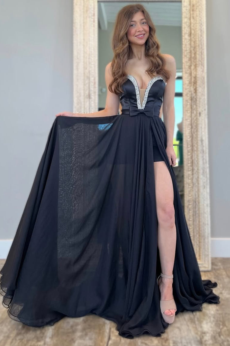A Line Chiffon Beaded Prom Dresses Long V Neck Evening Gowns with Slit –  Hebebridal
