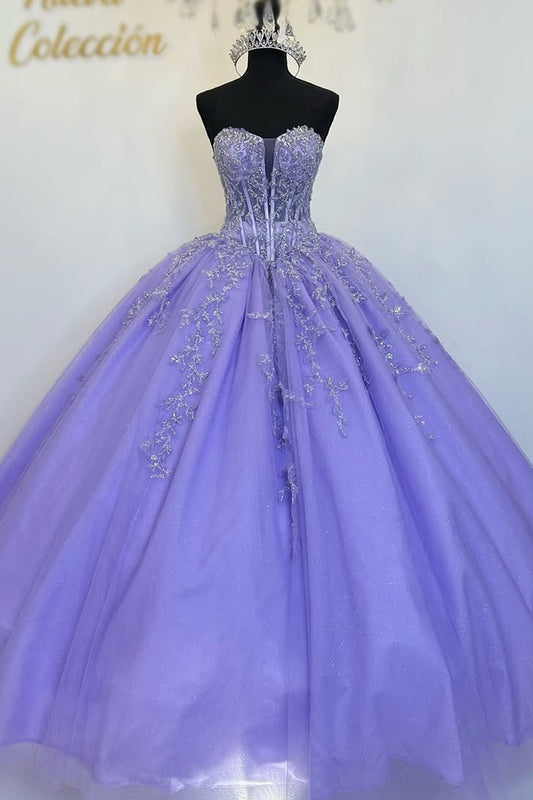 Lilac Sweetheart Princess Quinceanera Dresses Tulle Lace Beaded Sweet 16 Dresses HE237