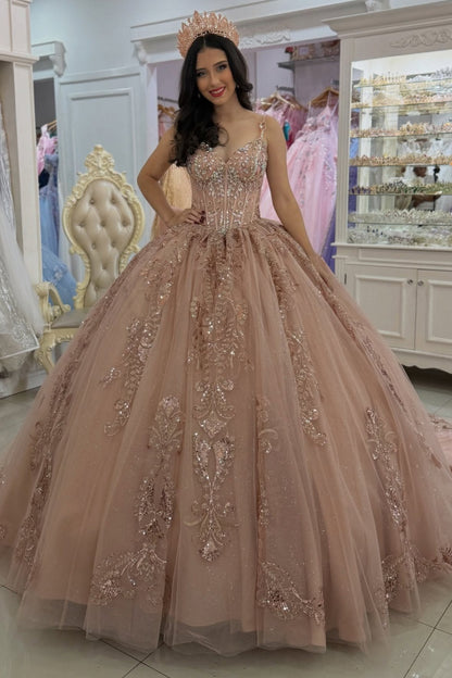Gorgeous Tulle Lace Sweet 16 Quinceanera Dresses V Neck Crystal Birthday Party Gowns HE1229