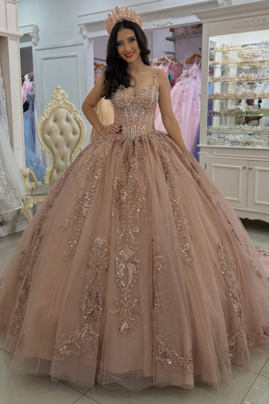 Gorgeous Tulle Lace Sweet 16 Quinceanera Dresses V Neck Crystal Birthday Party Gowns HE1229