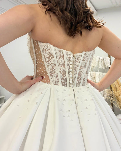 A Line Satin Lace Appliqued Wedding Dresses Strapless Boho Wedding Gowns HE1429