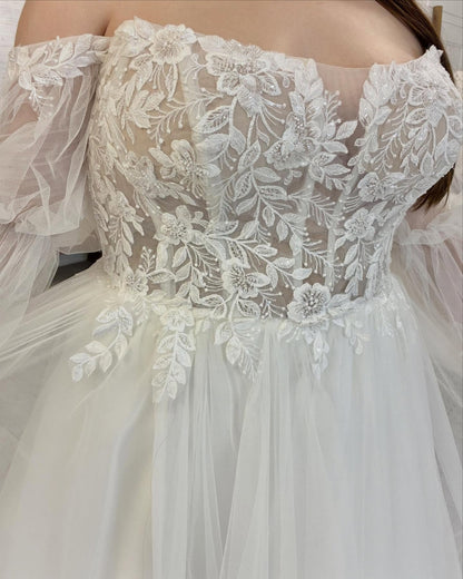 A Line Plus Size Tulle Lace Boho Wedding Dresses Long Sleeves Bridal Wedding Gowns HE1446
