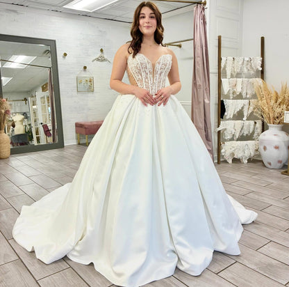 A Line Satin Lace Appliqued Wedding Dresses Strapless Boho Wedding Gowns HE1429