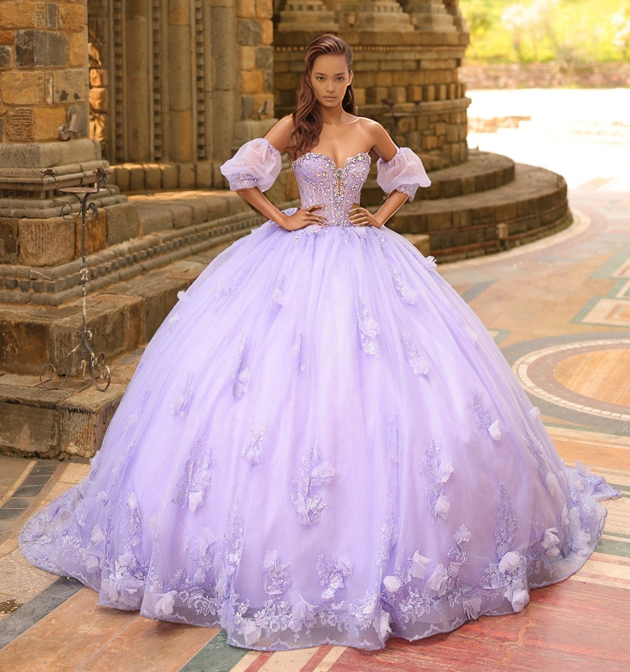Lilac Ball Gown Tulle 3D Flowers Princess Sweet 16 Quinceanera Dresses HE855