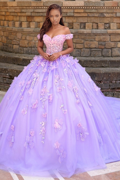 quinceanera dress purple Off Shoulder Tulle Lace Appliqued Lilac Quinceanera Dresses Princess B – Hebebridal