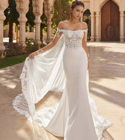 Mermaid Satin Lace Corset Off Shoulder Boho Wedding Dresses for Bride HE876