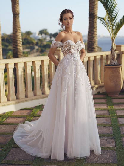 Off Shoulder Tulle 3D Flowers A Line Beach Wedding Dresses for Bride HE877